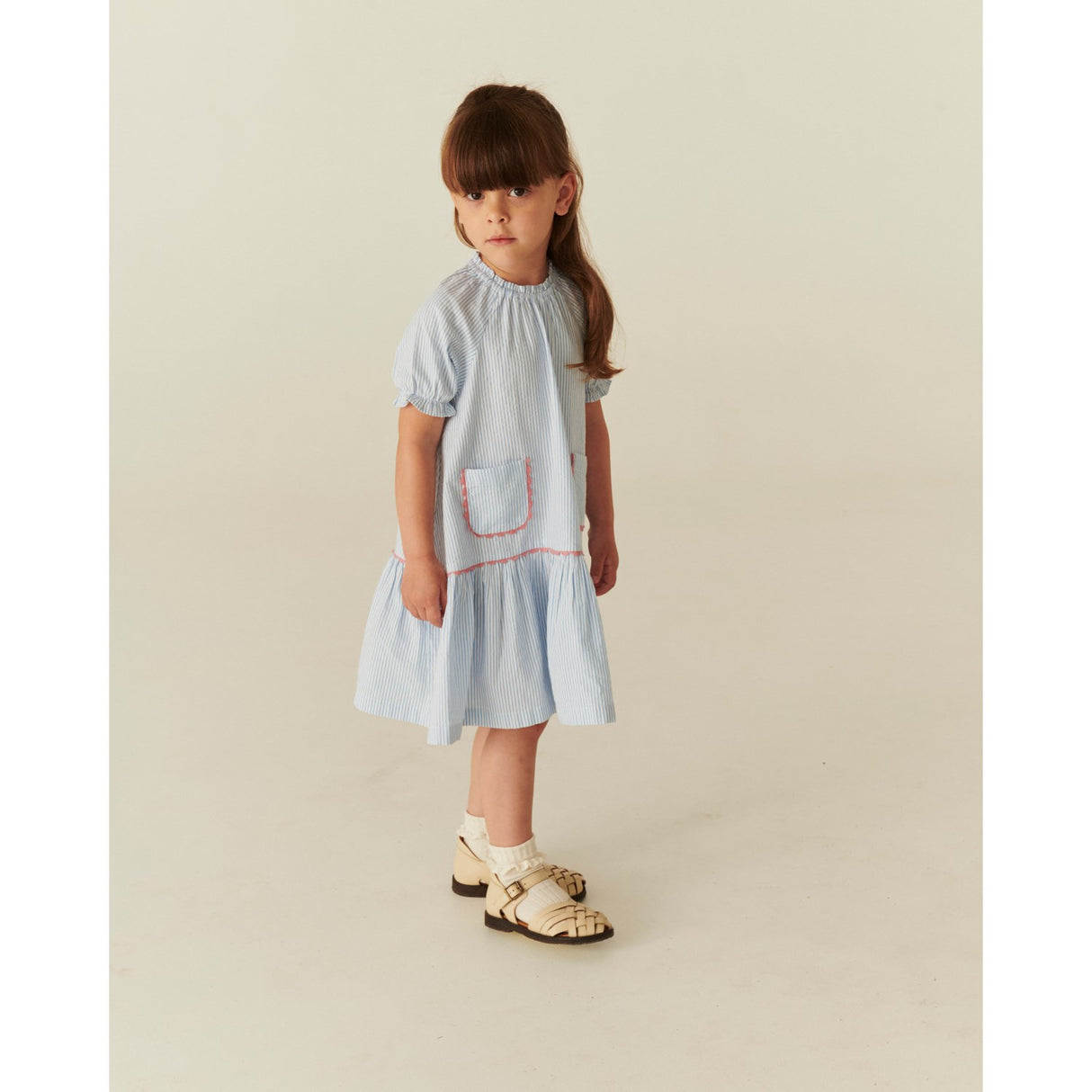 COPENHAGEN COLORS Sky Blue W Cream Stripe Seersucker Kjole W. Pockets