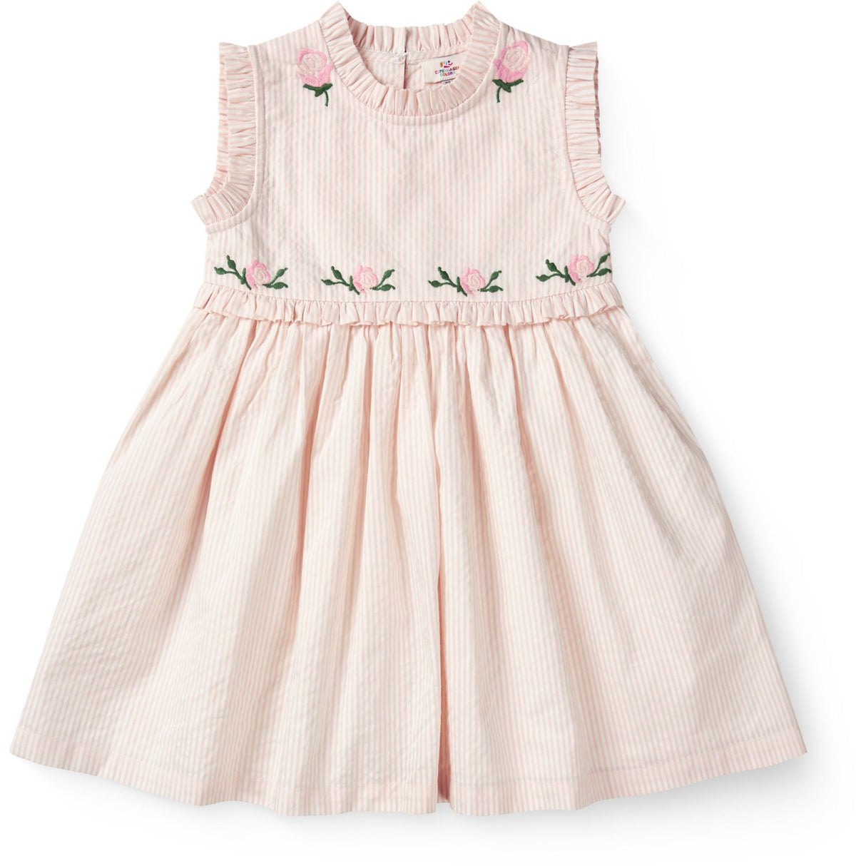 COPENHAGEN COLORS Dusty Rose W Cream Stripe Seersucker Kjole W. Ruffles Og Emb.