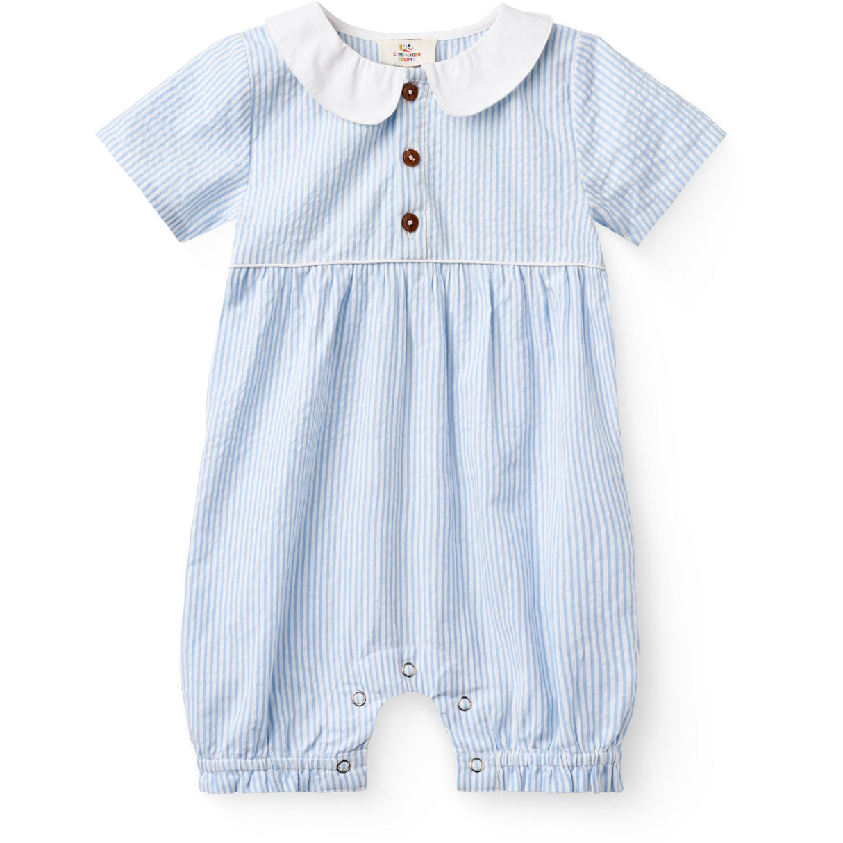 COPENHAGEN COLORS Sky Blue W Cream Stripe Seersucker Romper W. Halsbånd