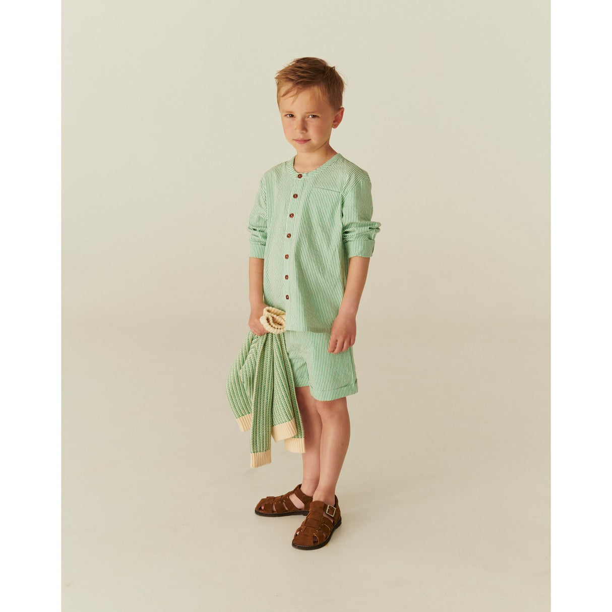 COPENHAGEN COLORS Sharp Green W Cream Stripe Seersucker Shorts Sporty