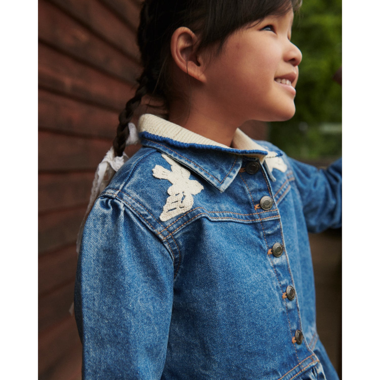 COPENHAGEN COLORS Indigo Blue Washed Denim Frill Jakke W. Crochet Doves