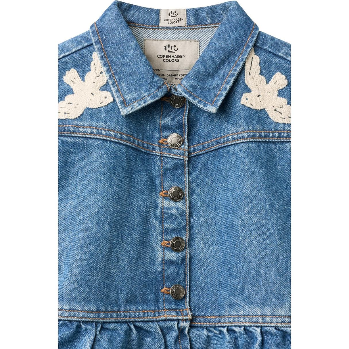 COPENHAGEN COLORS Indigo Blue Washed Denim Frill Jakke W. Crochet Doves