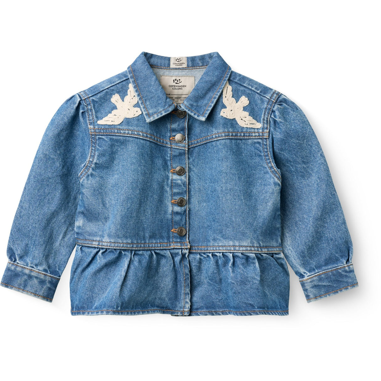 COPENHAGEN COLORS Indigo Blue Washed Denim Frill Jakke W. Crochet Doves