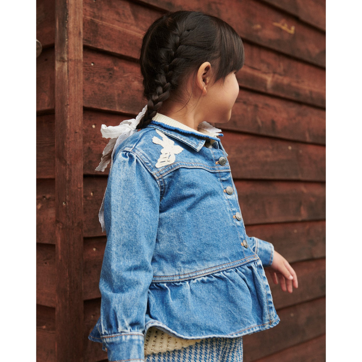 COPENHAGEN COLORS Indigo Blue Washed Denim Frill Jakke W. Crochet Doves