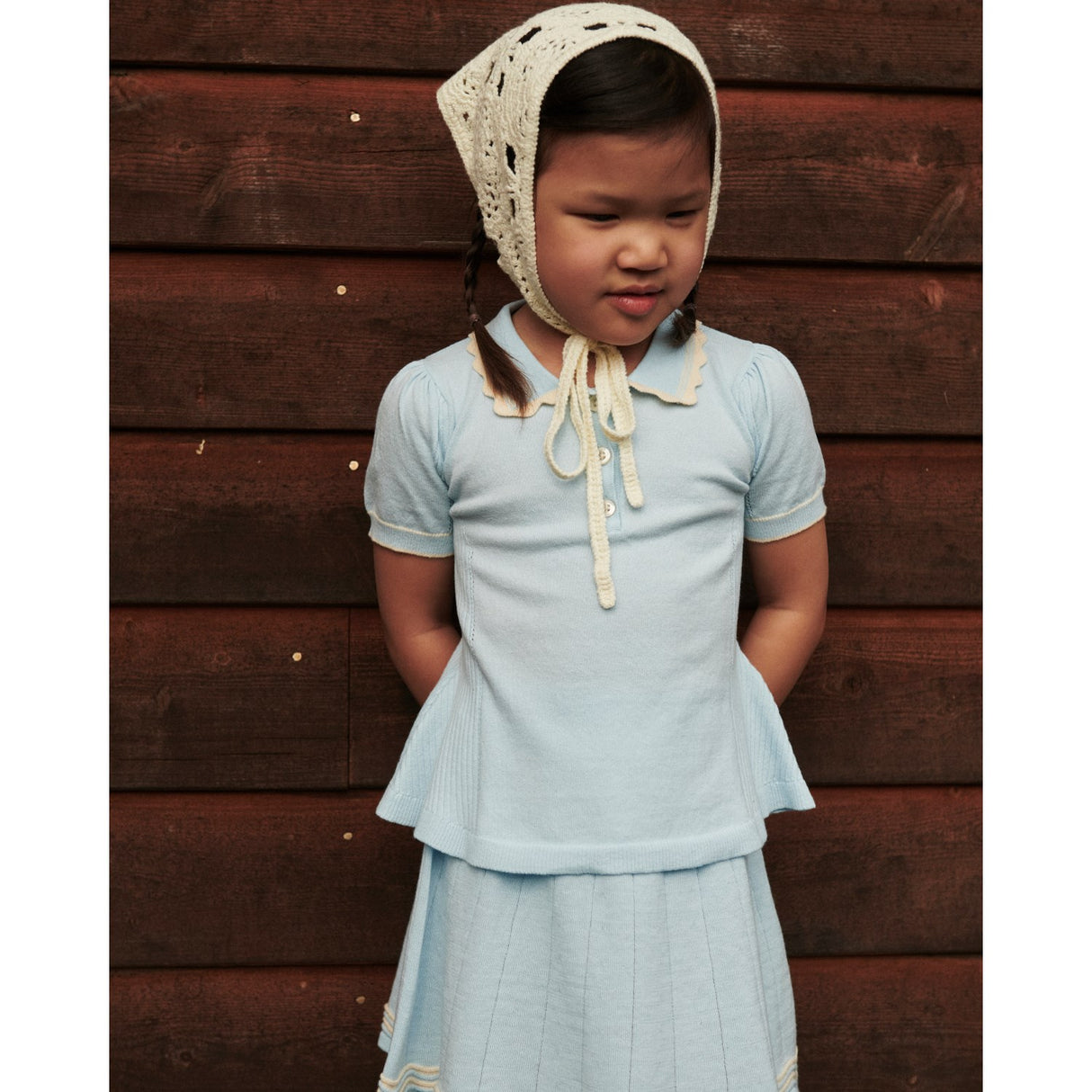 COPENHAGEN COLORS Ice Blue/Cream Comb. Strikket Peplum Bluse