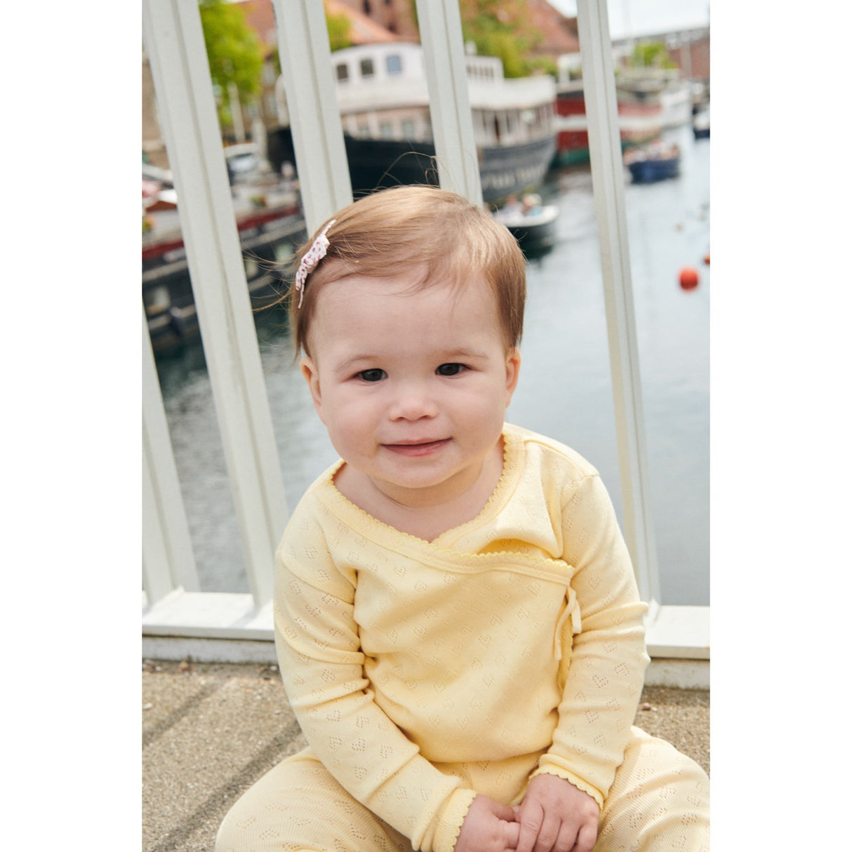 COPENHAGEN COLORS Pale Yellow Pointelle Heart Crossover Body Ls