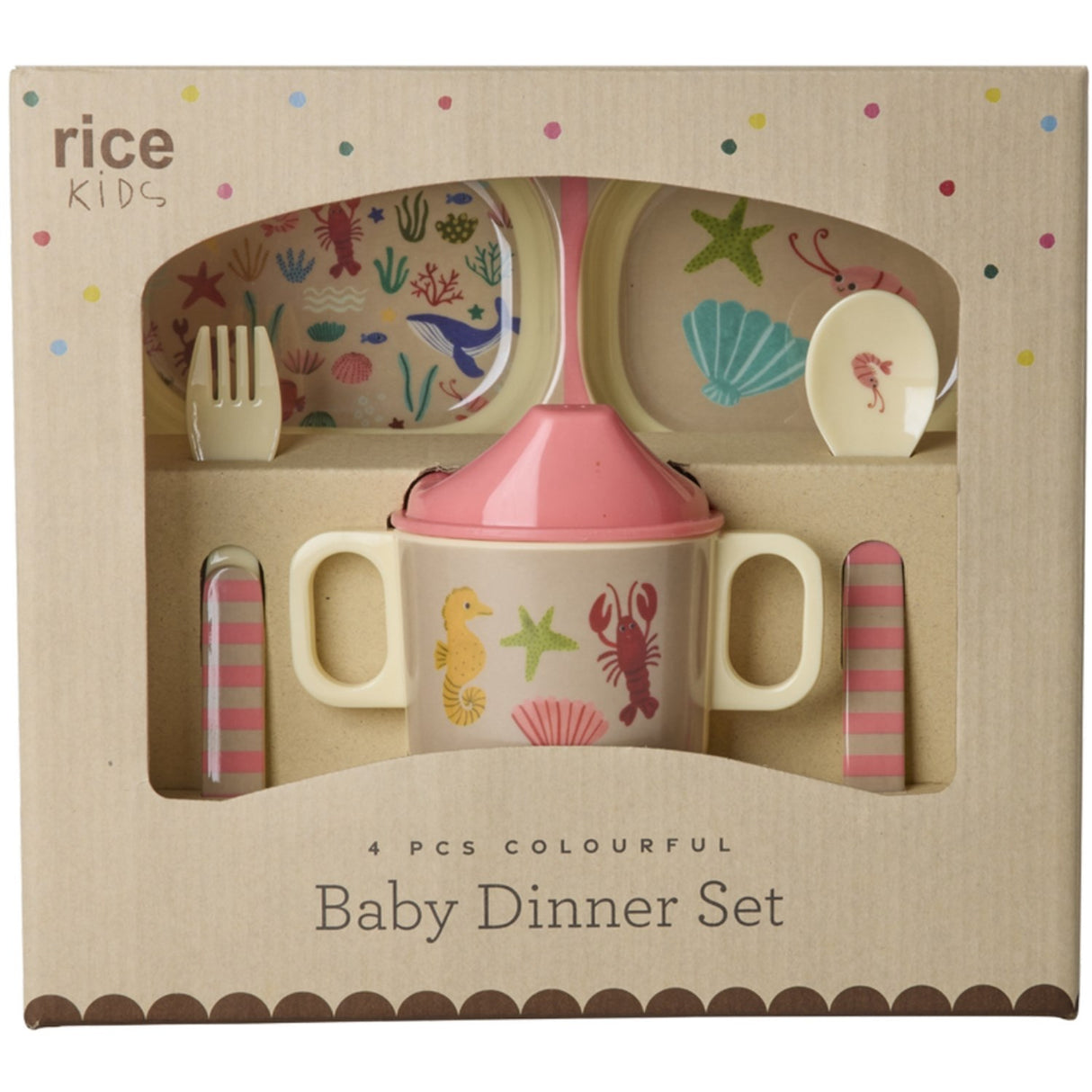Rice Melamin Baby Dinner Sett In Gift Box - Coral Ocean Print - 4 Pcs
