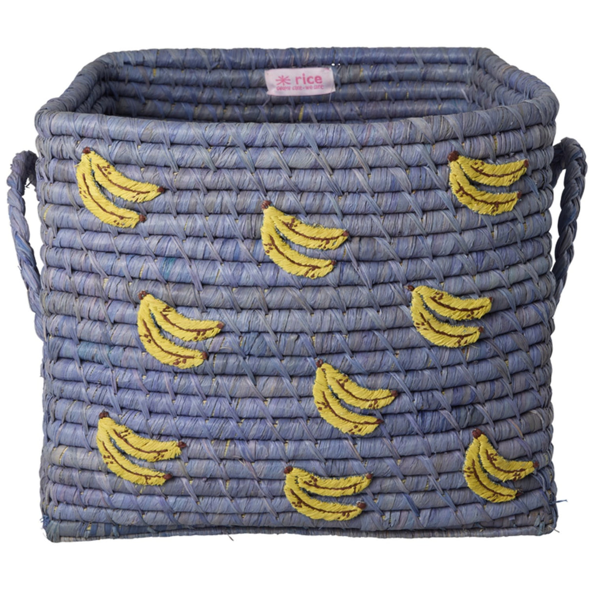 Rice Raffia Square Kurv Med Bananas All Over Embroidery Og Raffia Handles