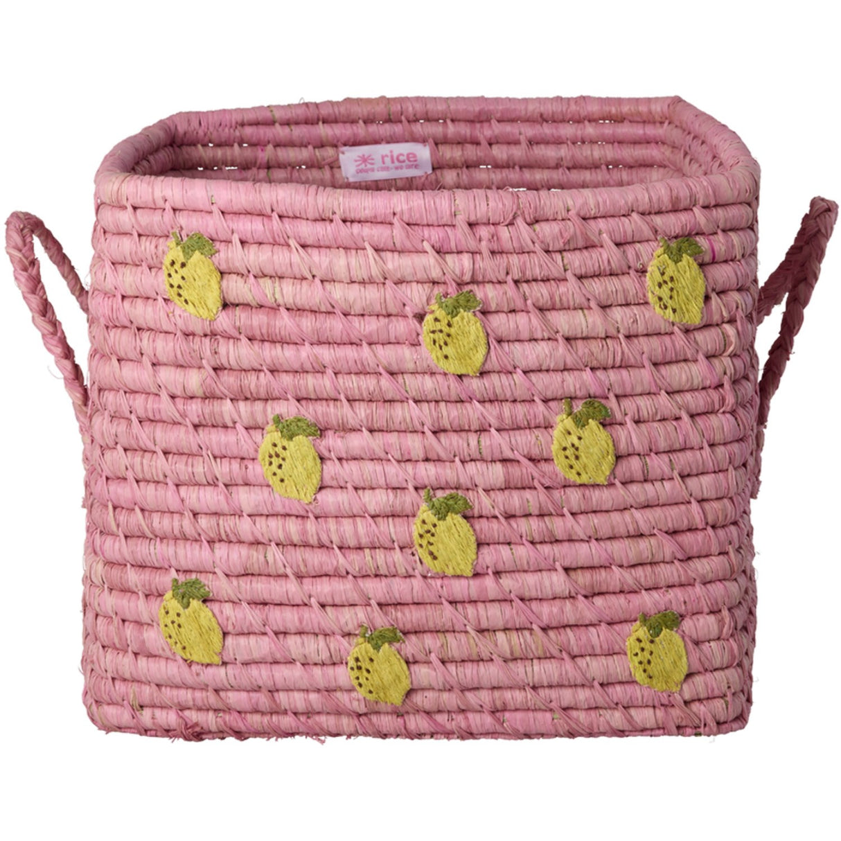 Rice Raffia Square Kurv Med Small Lemons All Over Embroidery Og Raffia Handles