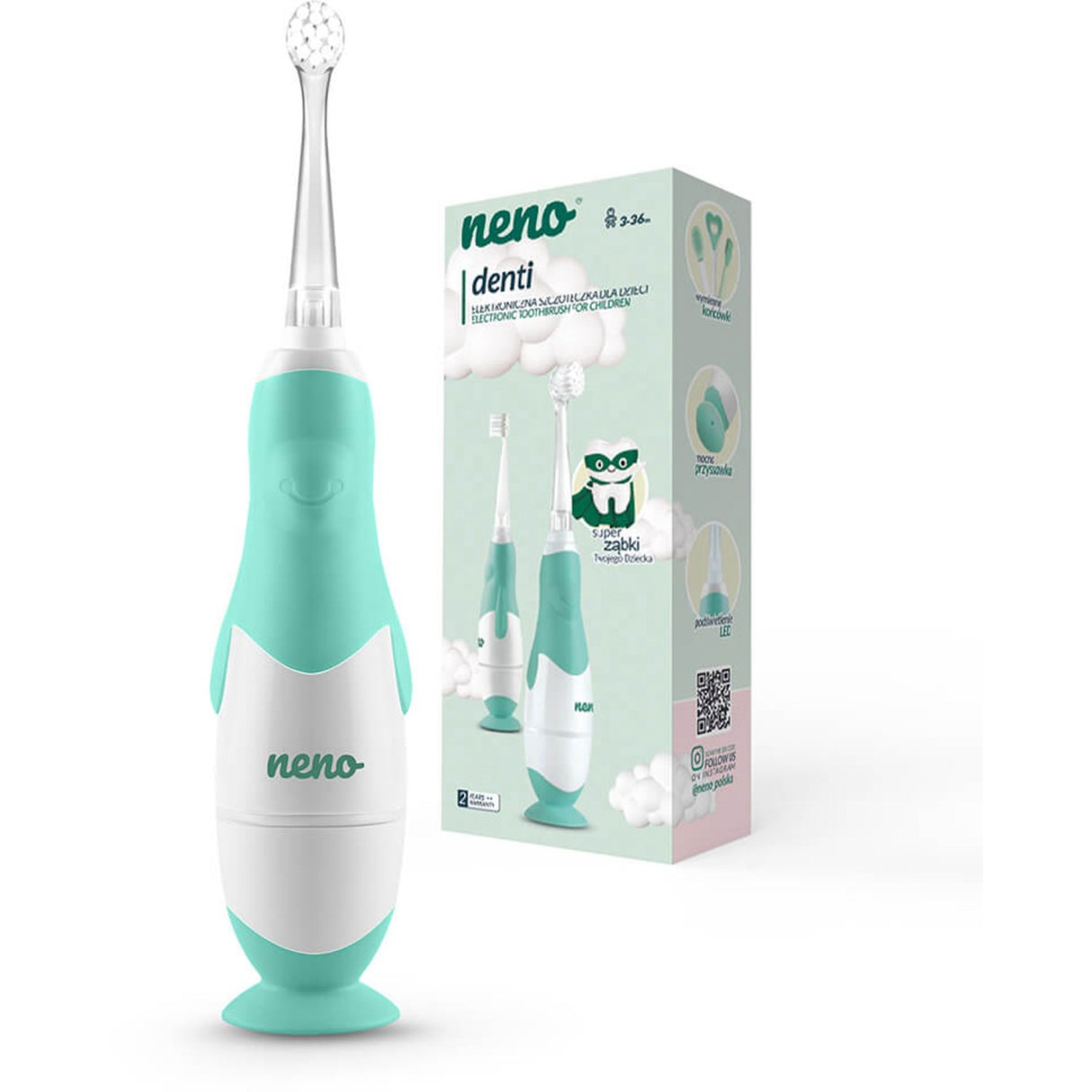 Neno Hvid, Grøn Elektrisk Tannbørste Denti Til Børn M. 4 Børstehoveder