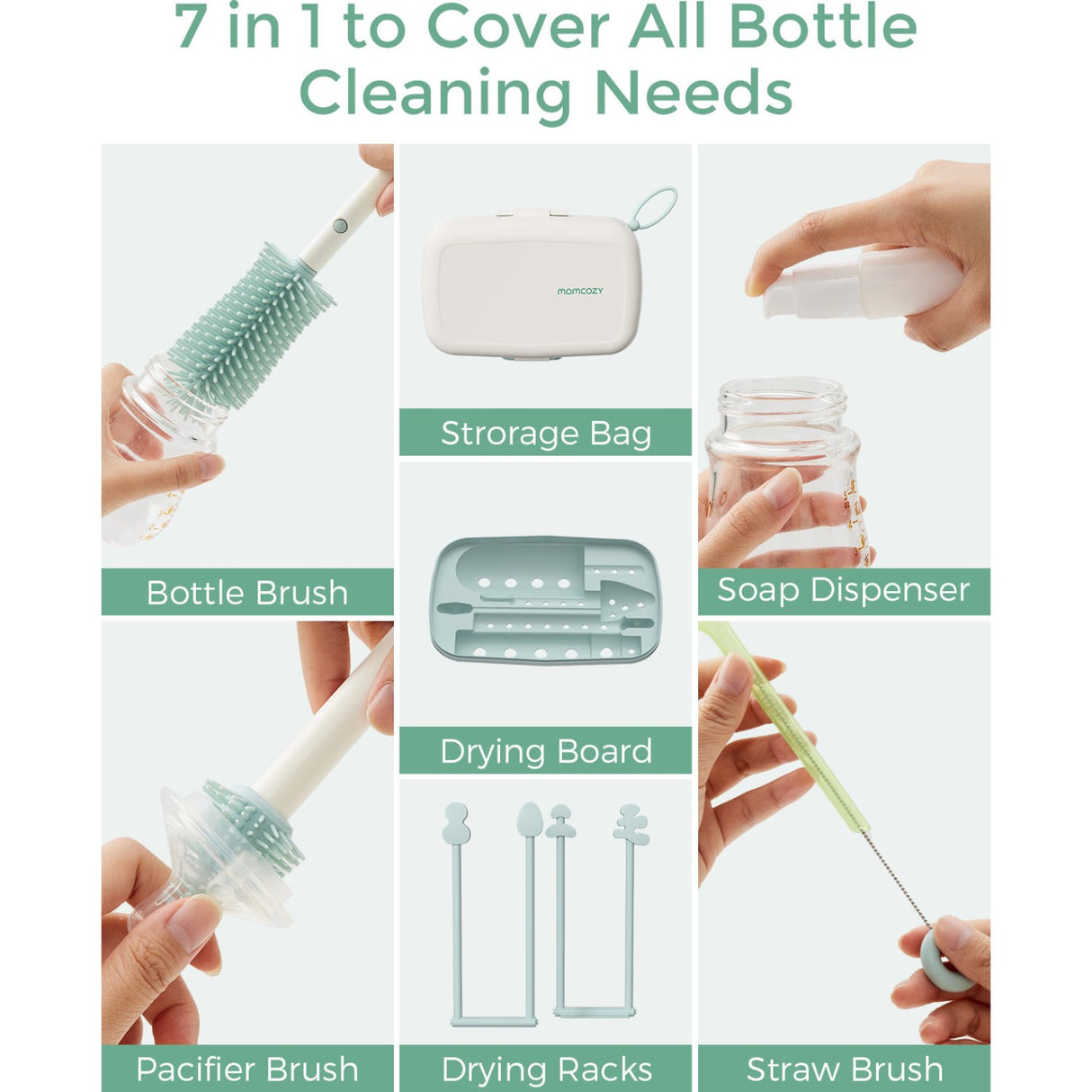 Momcozy Green 7 In 1 Baby Flaske Brush Sett