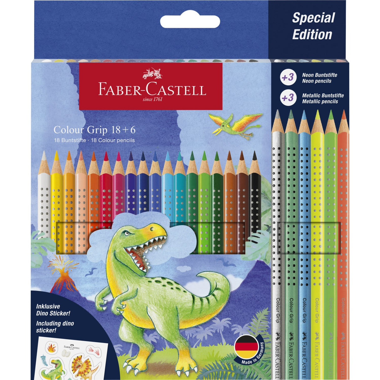Faber-Castell 18+6 Grip akvarellfargestifter + klistremerker, dinosaur