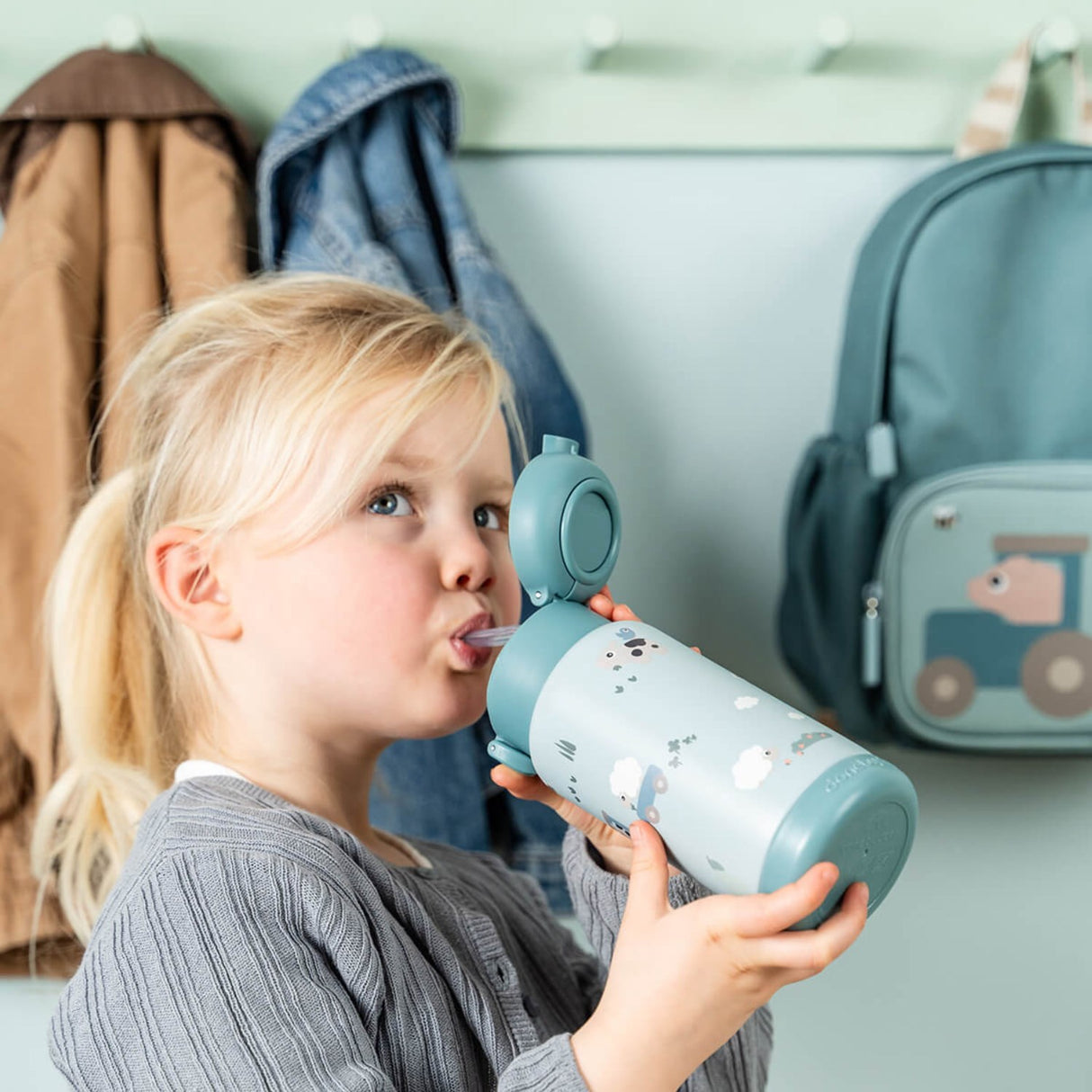 DonebyDeer Blue Tiny Farm Insulated Sugerør Flaske