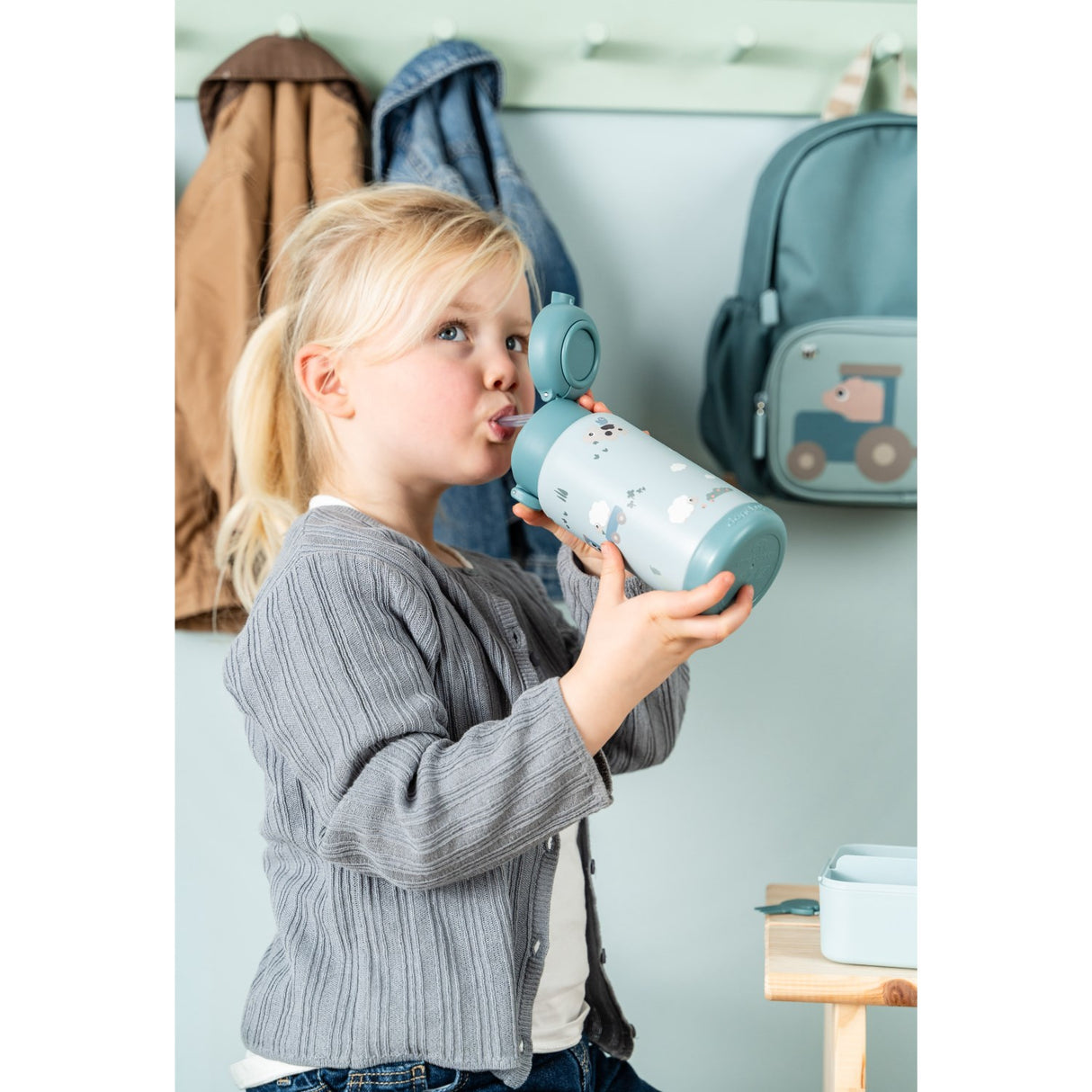 DonebyDeer Blue Tiny Farm Insulated Sugerør Flaske