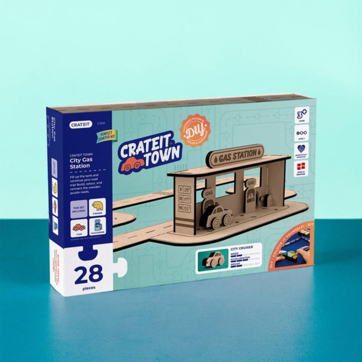 Crateit Town Wooden Leketøy City Gas Station