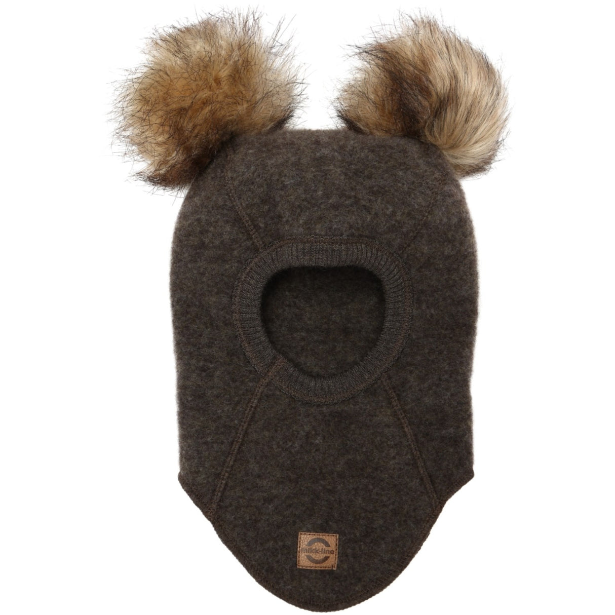 Mikk-Line Dark Brown Melange Ull Balaclava med Pom Pom