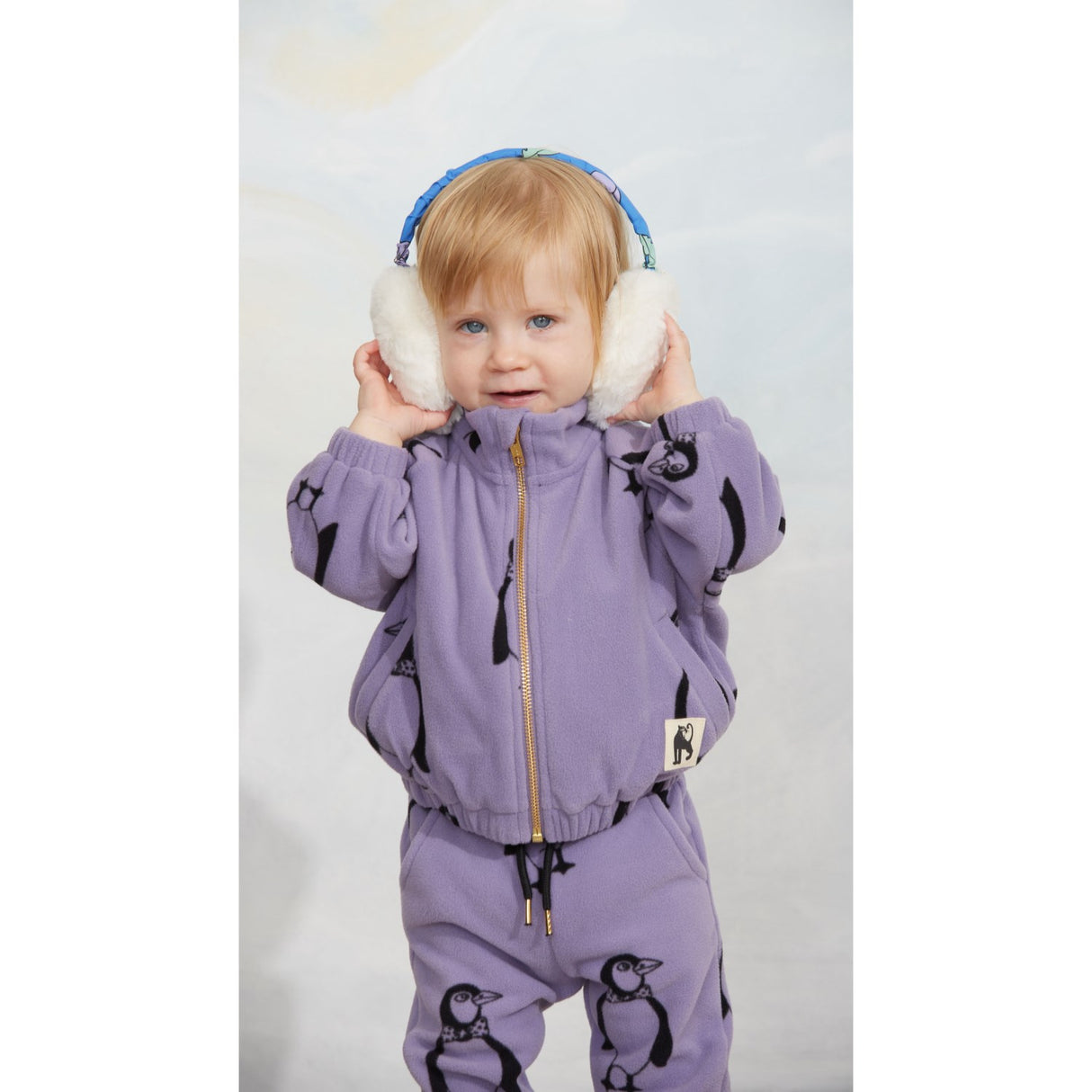 Mini Rodini Purple Penguin AOP Fleece Trousers