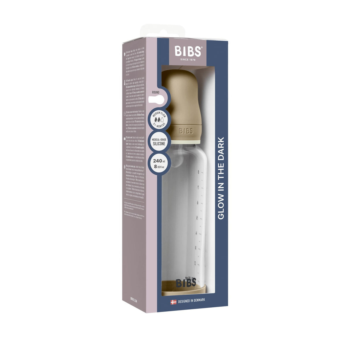 Bibs Vanilla GLOW Glass Baby Flaske Round Silikon 1-Pack 240 Ml Medium Flow