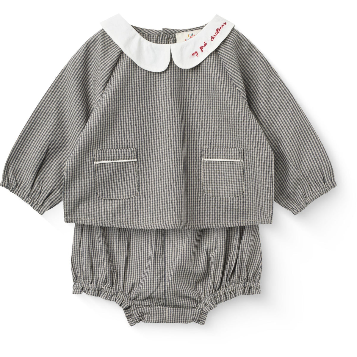COPENHAGEN COLORS Grey Check Comb. Checkered Emb. Baby Sett M/ Bluse Og Bloomers