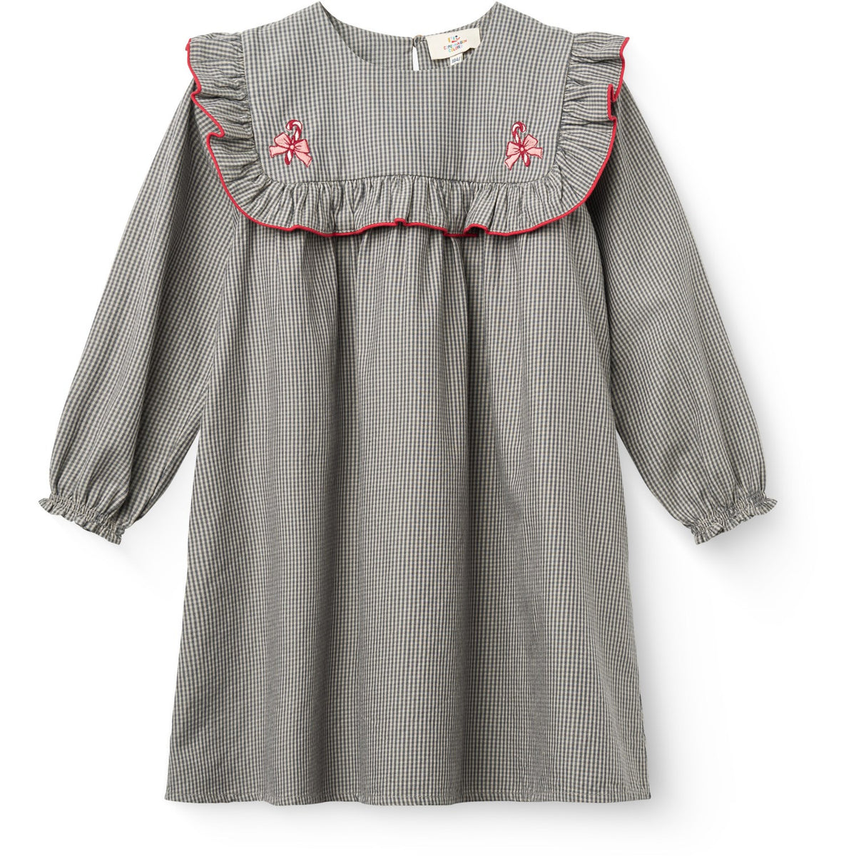 COPENHAGEN COLORS Grey Check Comb Long-Sleeved Kjole Med All-Over Embroidery
