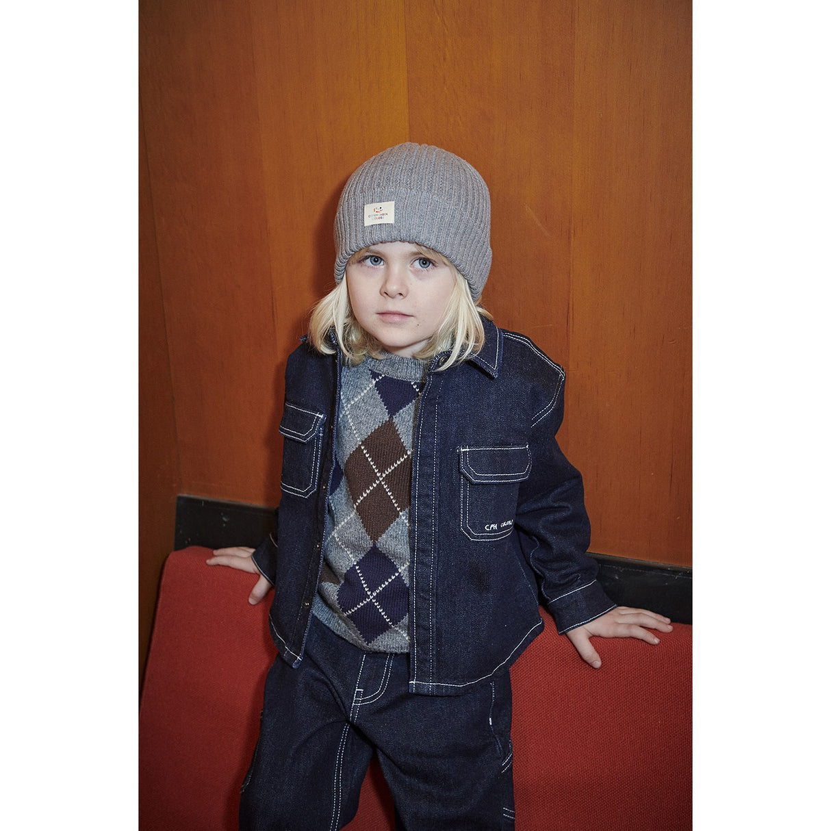 COPENHAGEN COLORS Grey Mel./Dk. Brown/Navy Comb. Argyle Strikket Pullover