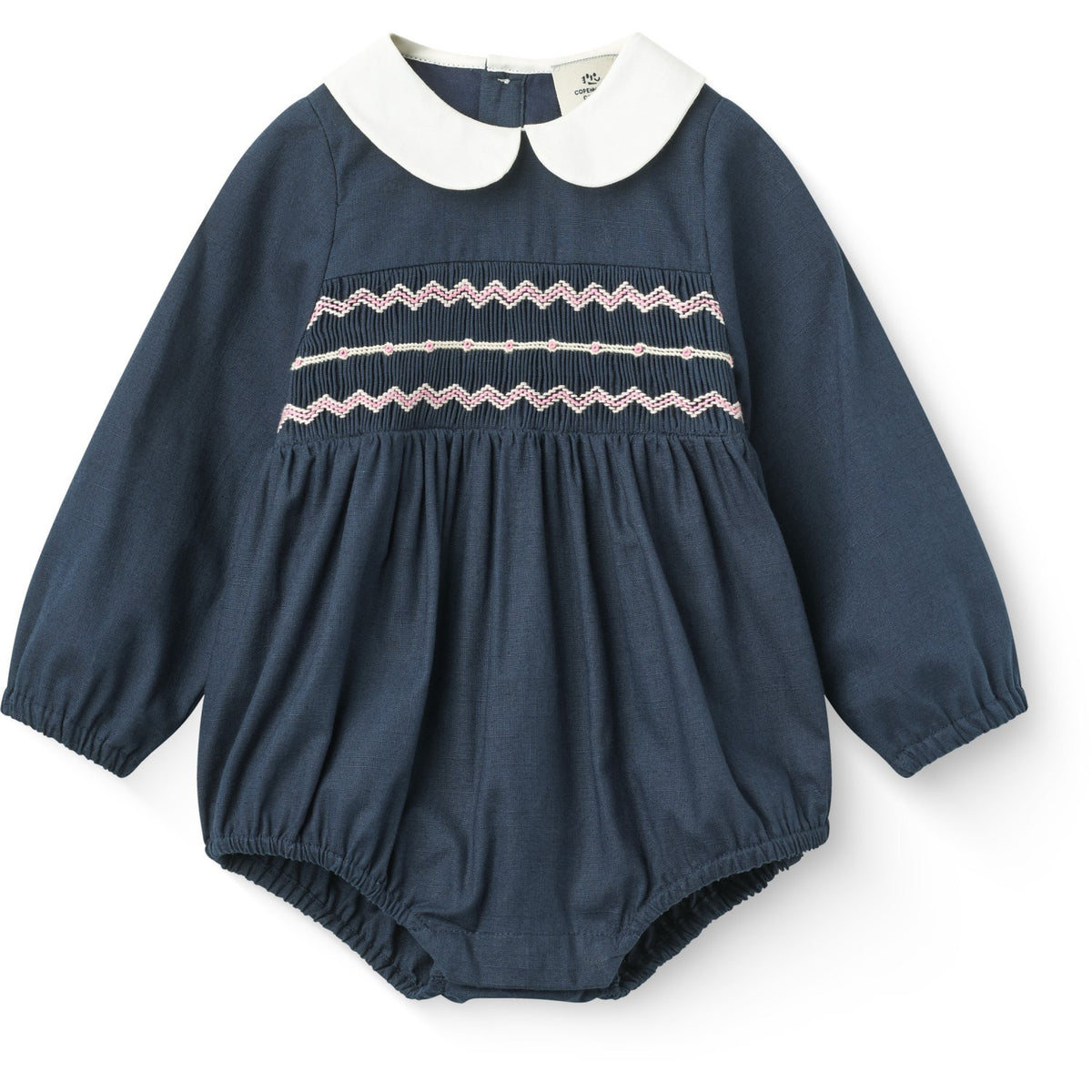 COPENHAGEN COLORS Navy Comb. Romper M/ Smock & Handmade Embroidery