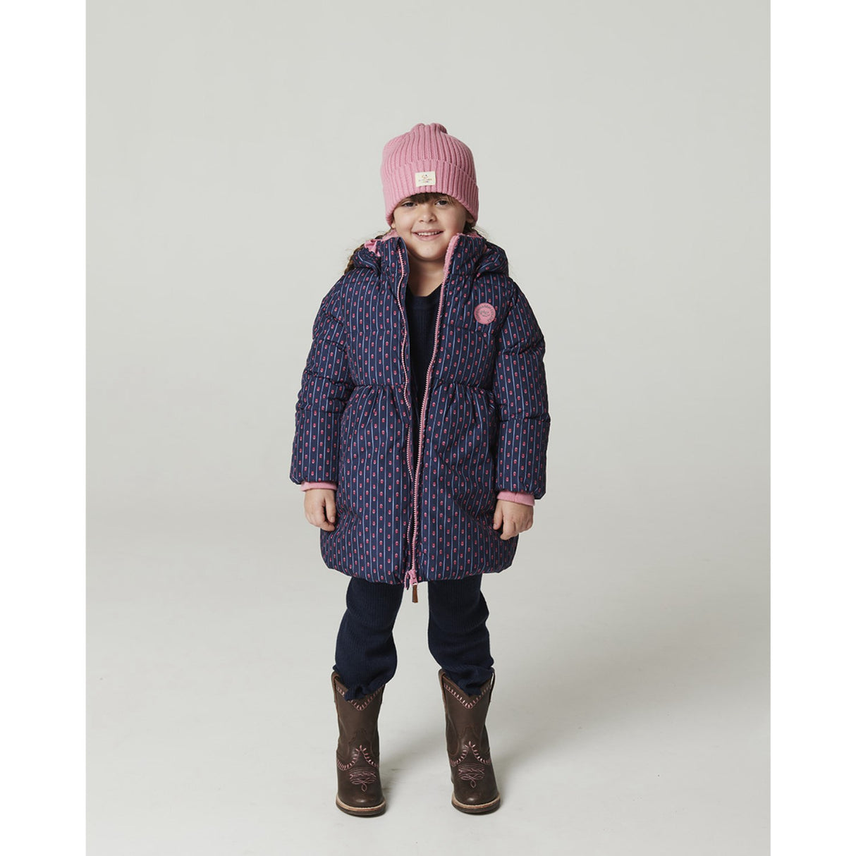 COPENHAGEN COLORS Navy Flower Aop Puffer Long Frill Jakke M/ Teddy Lining