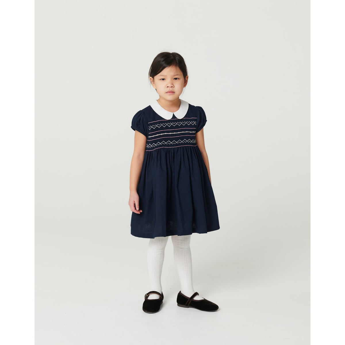 COPENHAGEN COLORS Navy Comb. Kjole M/ Handmade Smock Embroidery