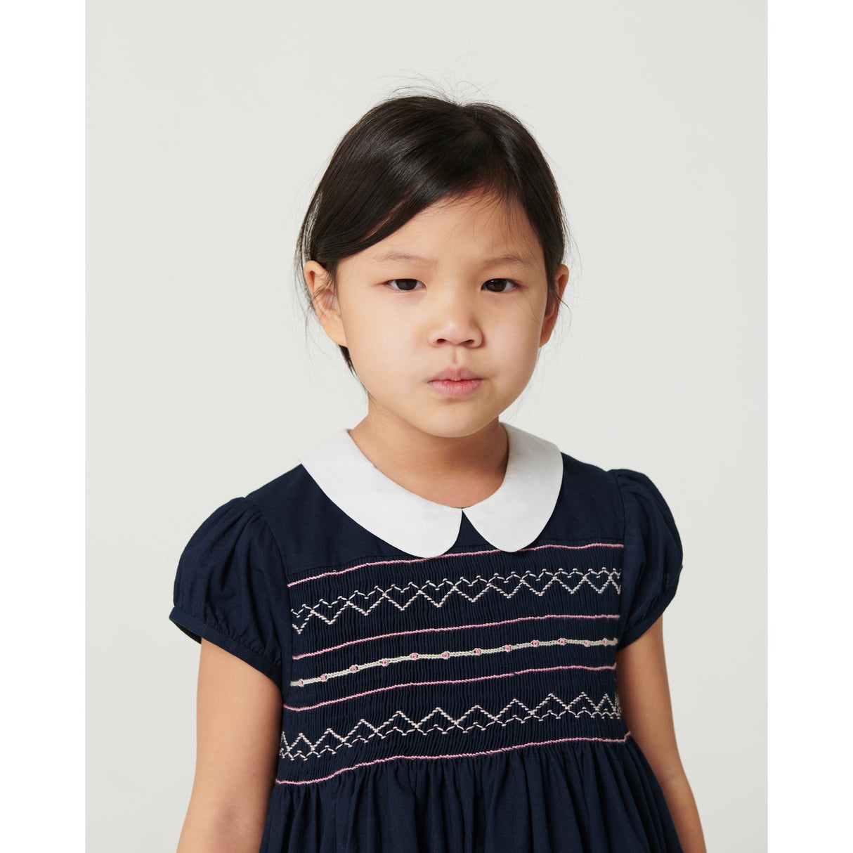 COPENHAGEN COLORS Navy Comb. Kjole M/ Handmade Smock Embroidery