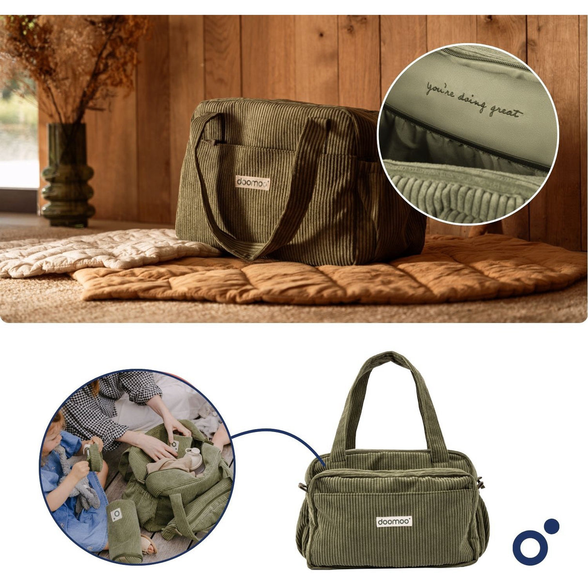 Doomoo Corduroy Khaki Diaper Veske Med 8 Tilbehør