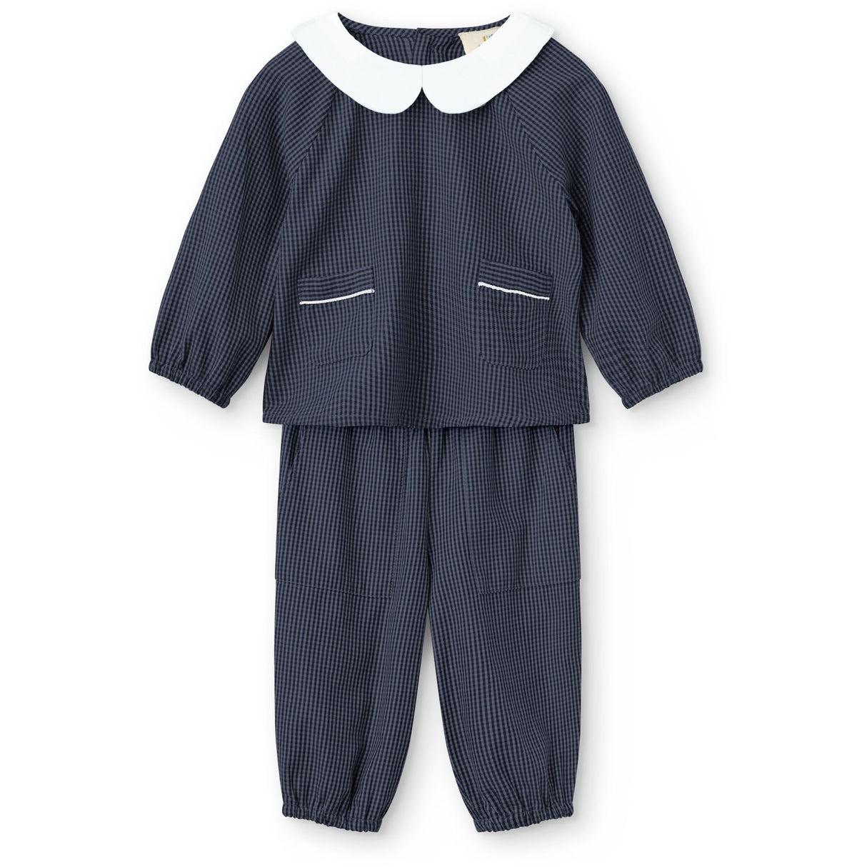 COPENHAGEN COLORS Brown Blue Check Comb. Checkered Baby Sett M/ Bluse M/ Halsbånd & Bukser