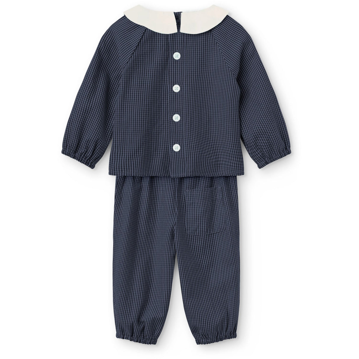COPENHAGEN COLORS Brown Blue Check Comb. Checkered Baby Sett M/ Bluse M/ Halsbånd & Bukser