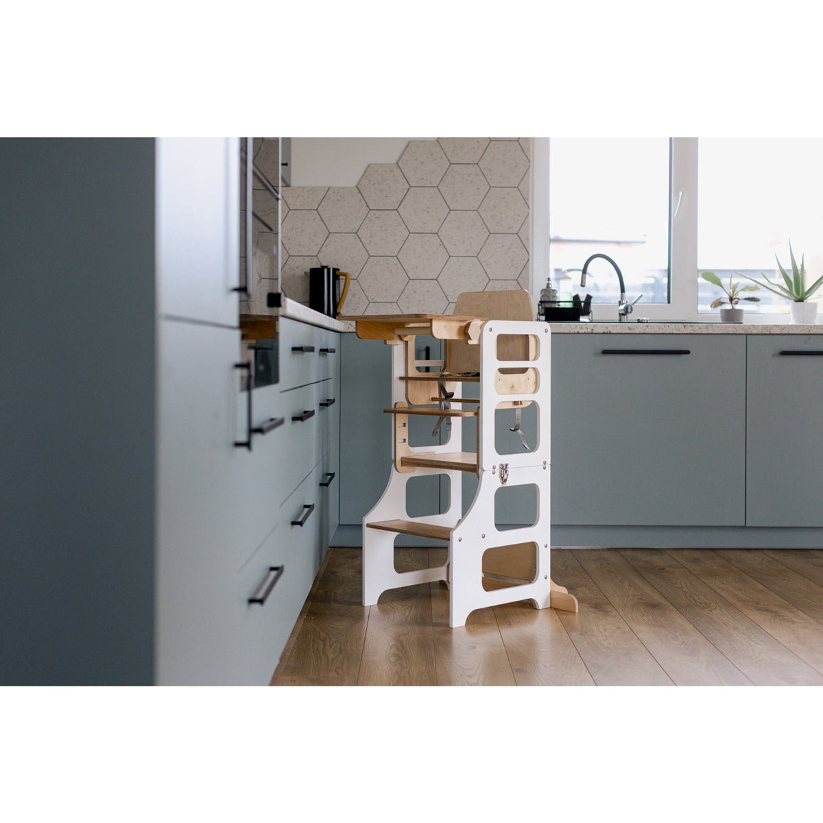 Duck Woodworks White Foldbar EC Kitchen Tower Med Højt Stol Addon Sett