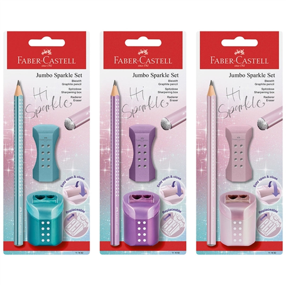 Faber-Castell Sparkle Jumbo Blyant, Viskelær, Blyantspisser - Turkis
