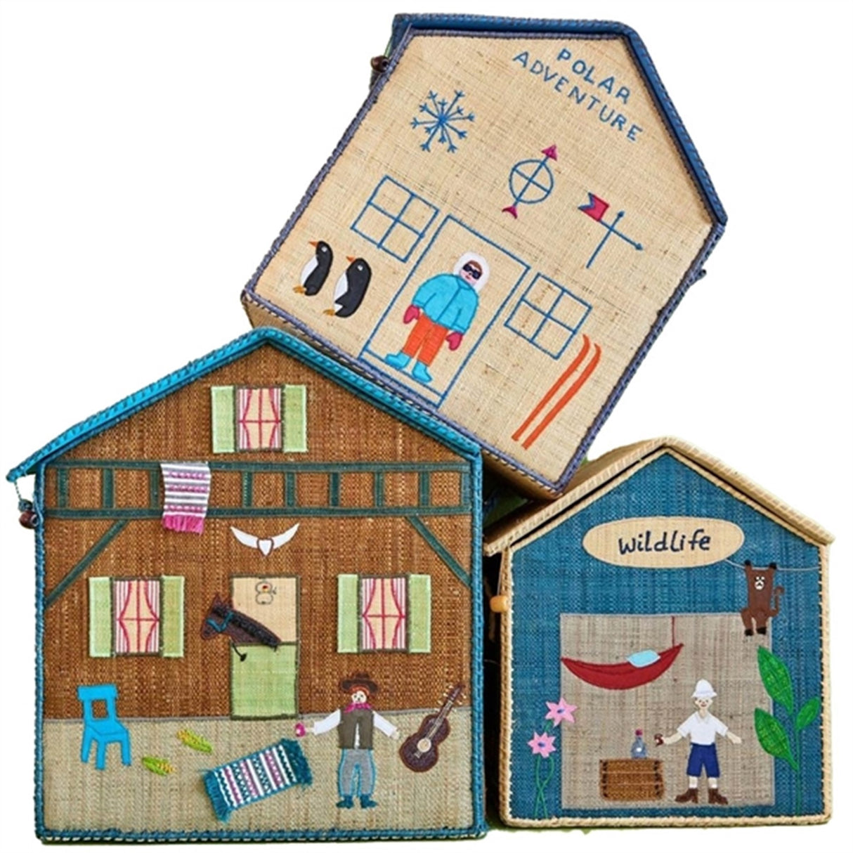 RICE Adventure Theme Raffia Kurvehus til Oppbevaring 3-pakning