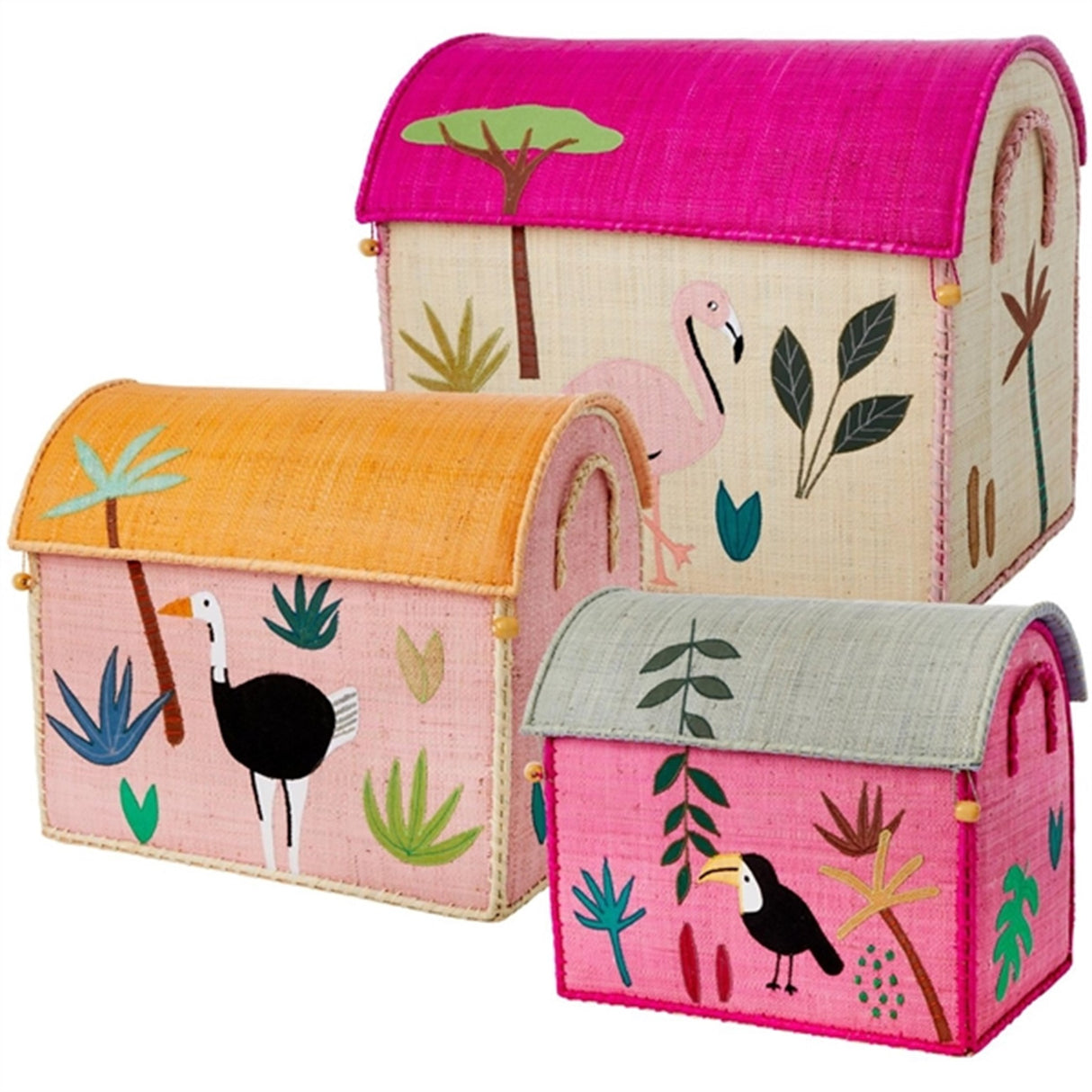 RICE Jungle Theme Raffia Kurvehus til Opbevaring 3-pak