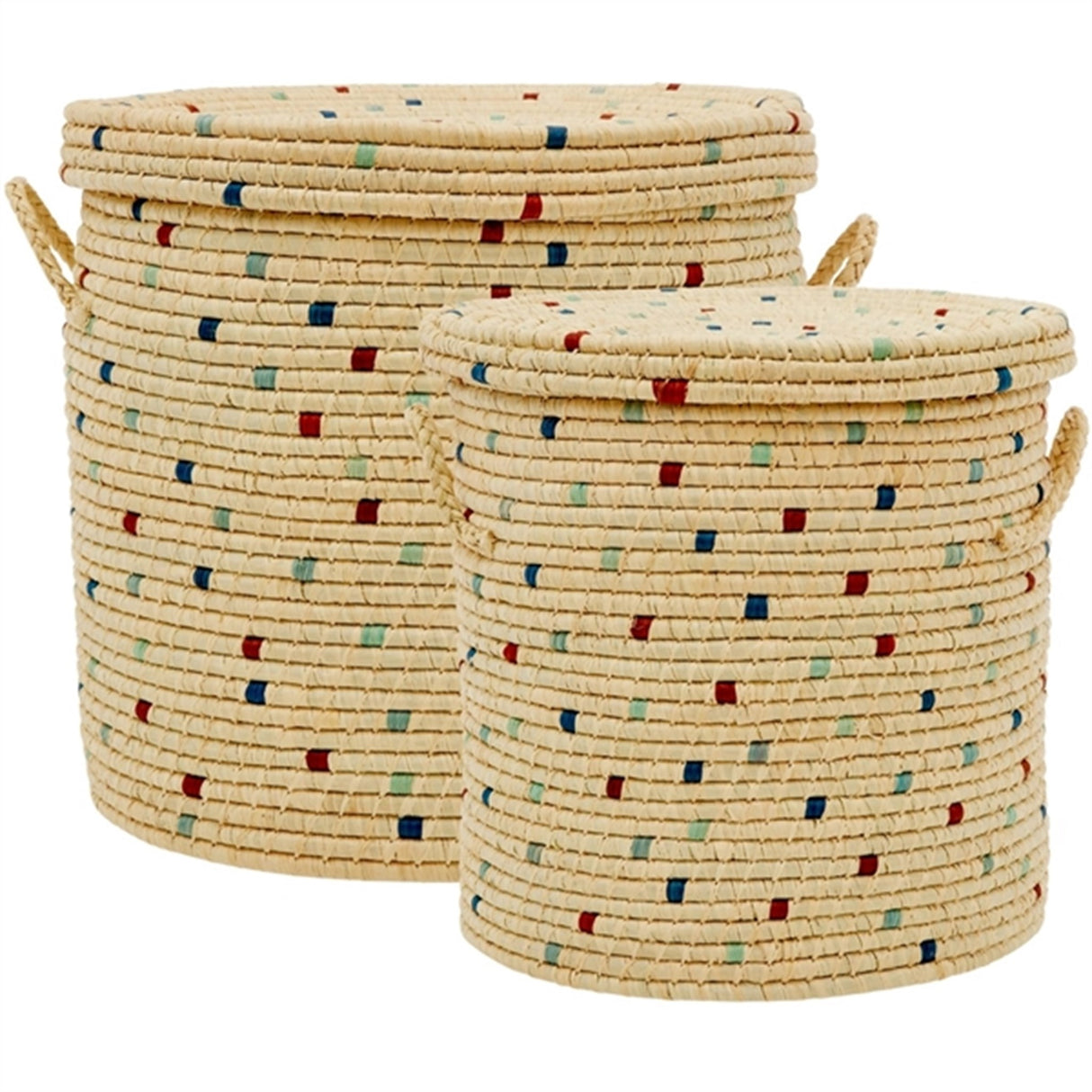 RICE Blue Details Rund Raffia Oppbevaringskurv 2-pakning
