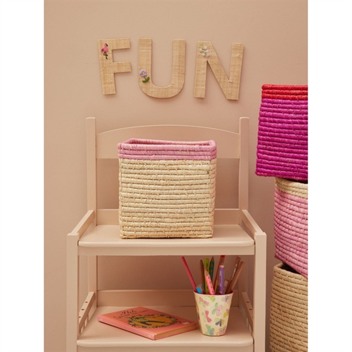 RICE Nature/Soft Pink Firkantet Oppbevaringskurv Lille