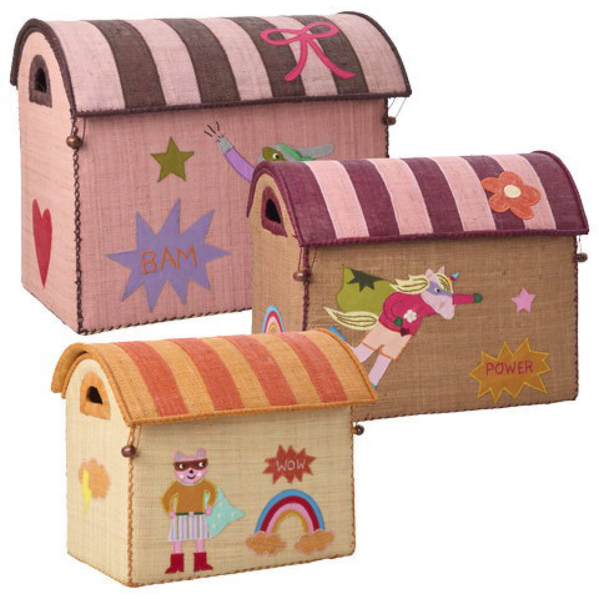 Rice Raffia Leketøy Baskets Med Hero Theme - Pink - Sett Of 3