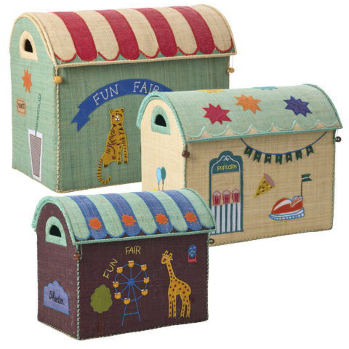 Rice Mint Fun Fair Theme Raffia Toy Baskets 3-Pack