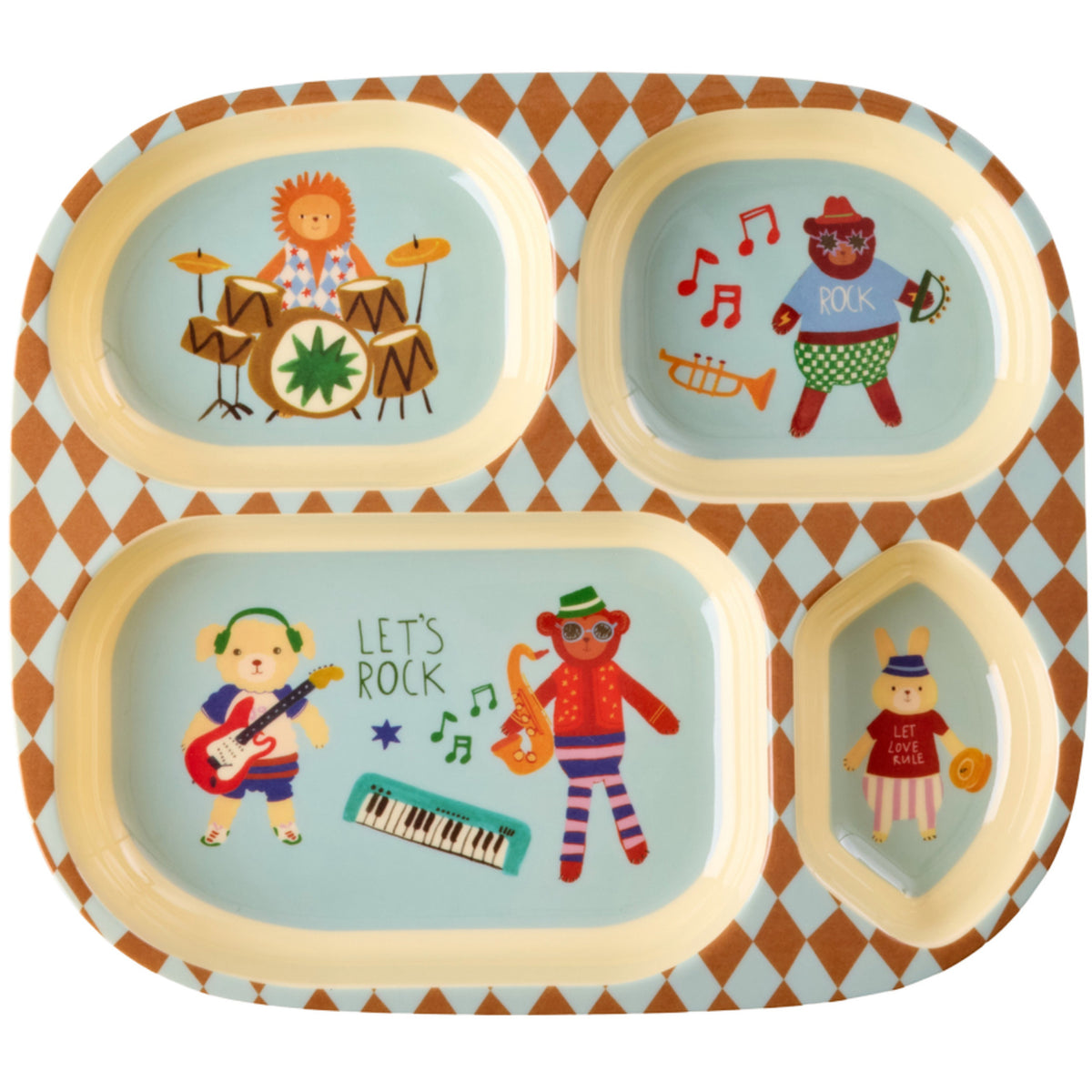 Rice Melamin Kids 4 Room Tallerken Med Blue Musikk Band Print