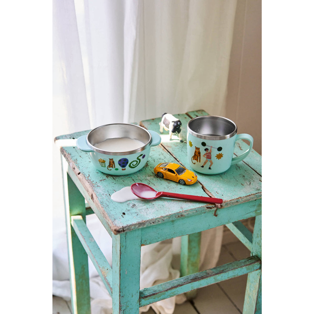Rice Rustfrit Stål Baby Kopp Med Handle And Fixed Trekk - Mint Fun Fair Print - 260 Ml