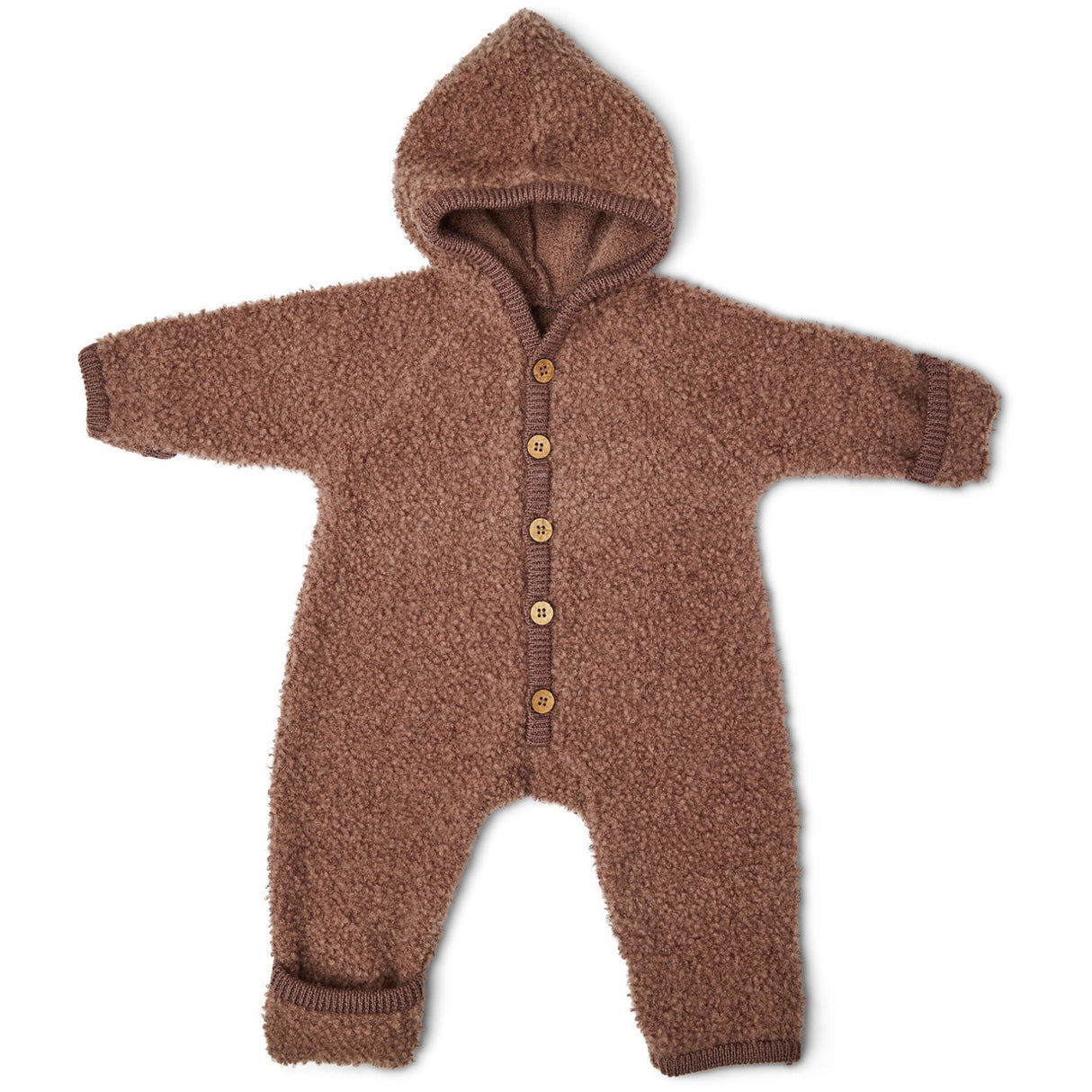 Smallstuff Rose Brown Jumpsuit Bouclé Merino Wool W. Buttons And Hoodie