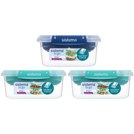 Sistema Minty Teal / Ocean Blue Ecommerce 3-pak Stax To Go Lunsjbokser 3 x 1L rektangler