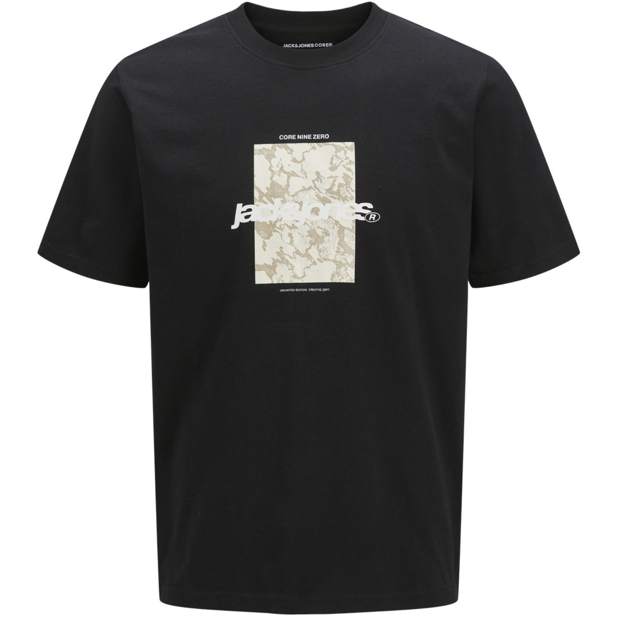 Jack & Jones Junior Black Tarmac Camo Front T-Skjorte Crew Neck