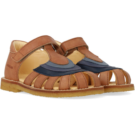 Angulus Tan/Navy/Indigo/Blue Fog Colourblock Regnbuesandal Med Borrelås