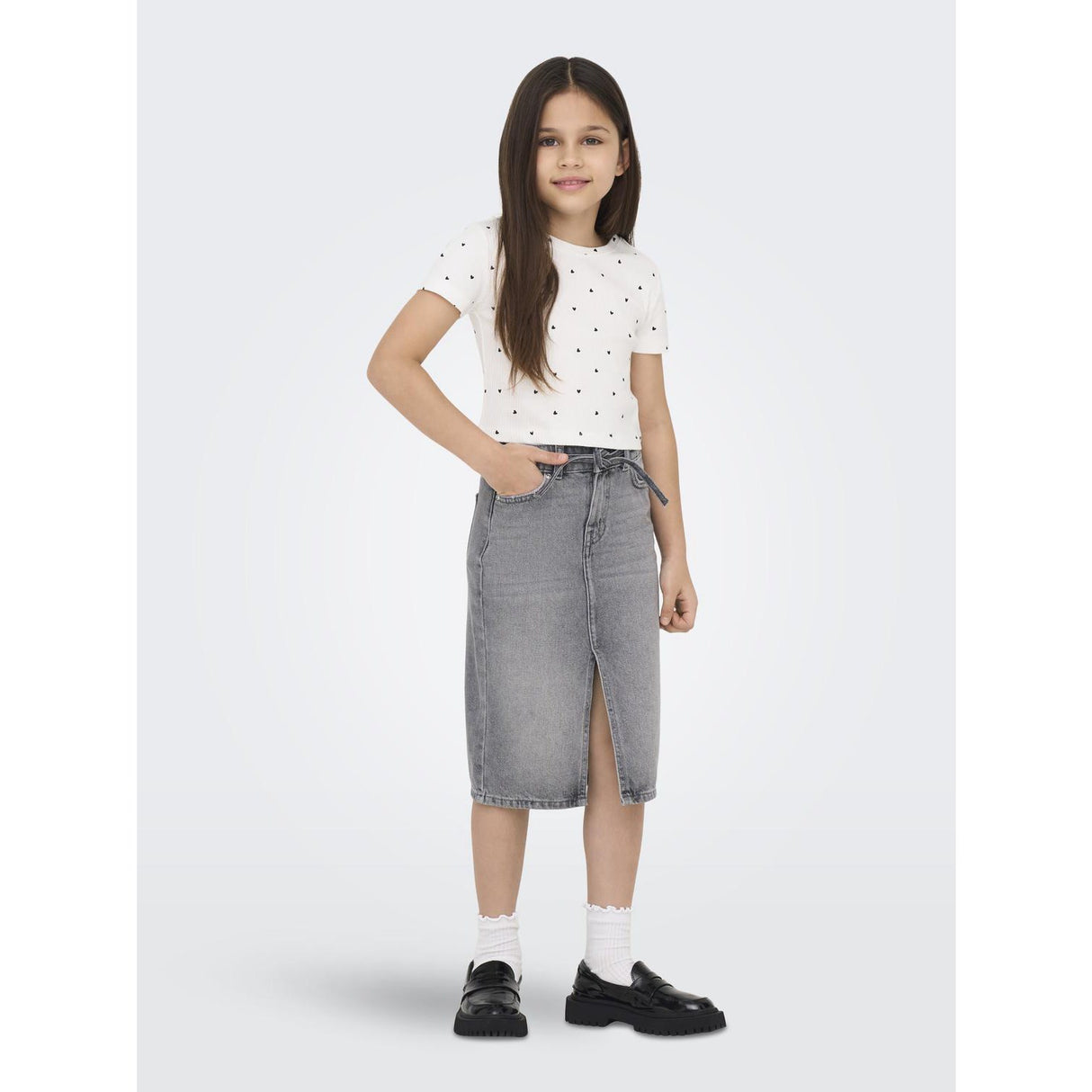 kids ONLY Medium Grey Denim Gianna Belted Midi Skjørt Dot Denim