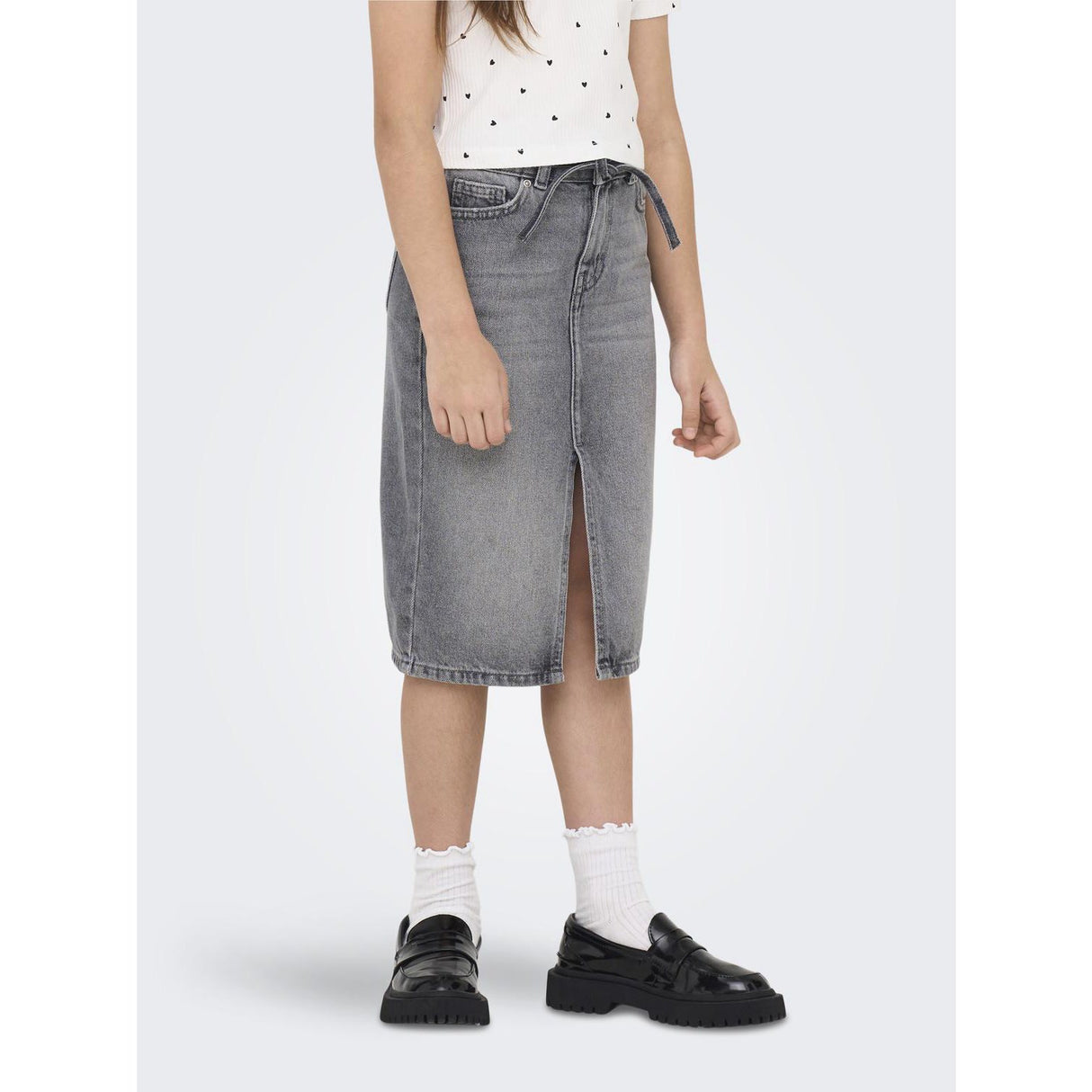 kids ONLY Medium Grey Denim Gianna Belted Midi Skjørt Dot Denim