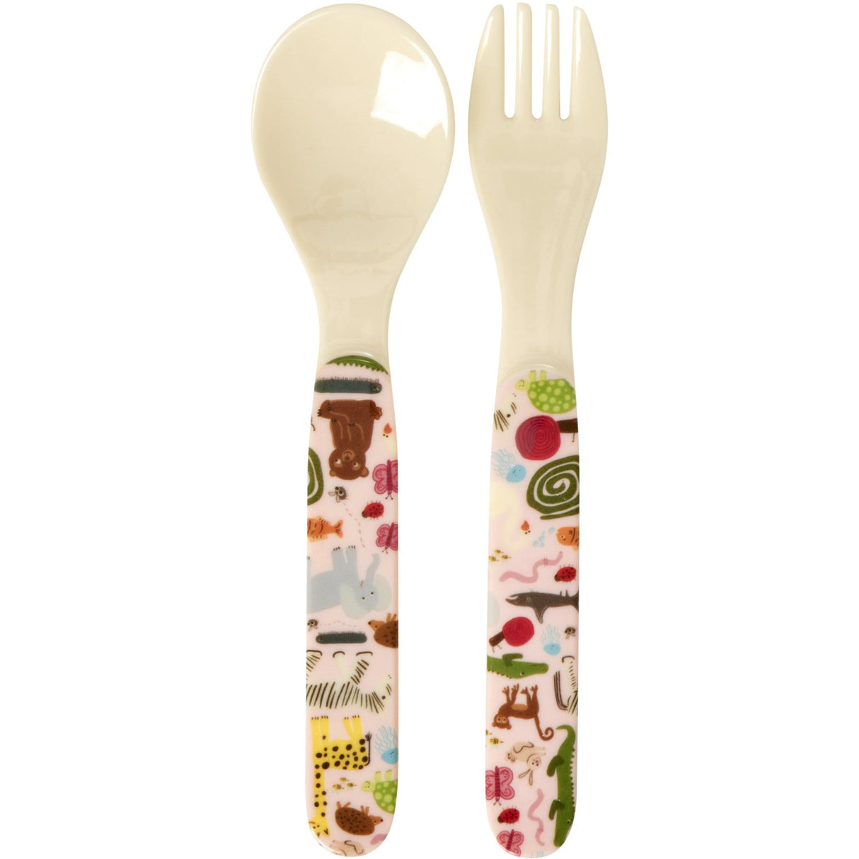 Rice Kids Melamine Skje Og Fork Med Wildlife Print - Pink