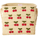 Rice Raffia Square Kurv Med Small Cherries All Over Embroidery - Raffia Handles